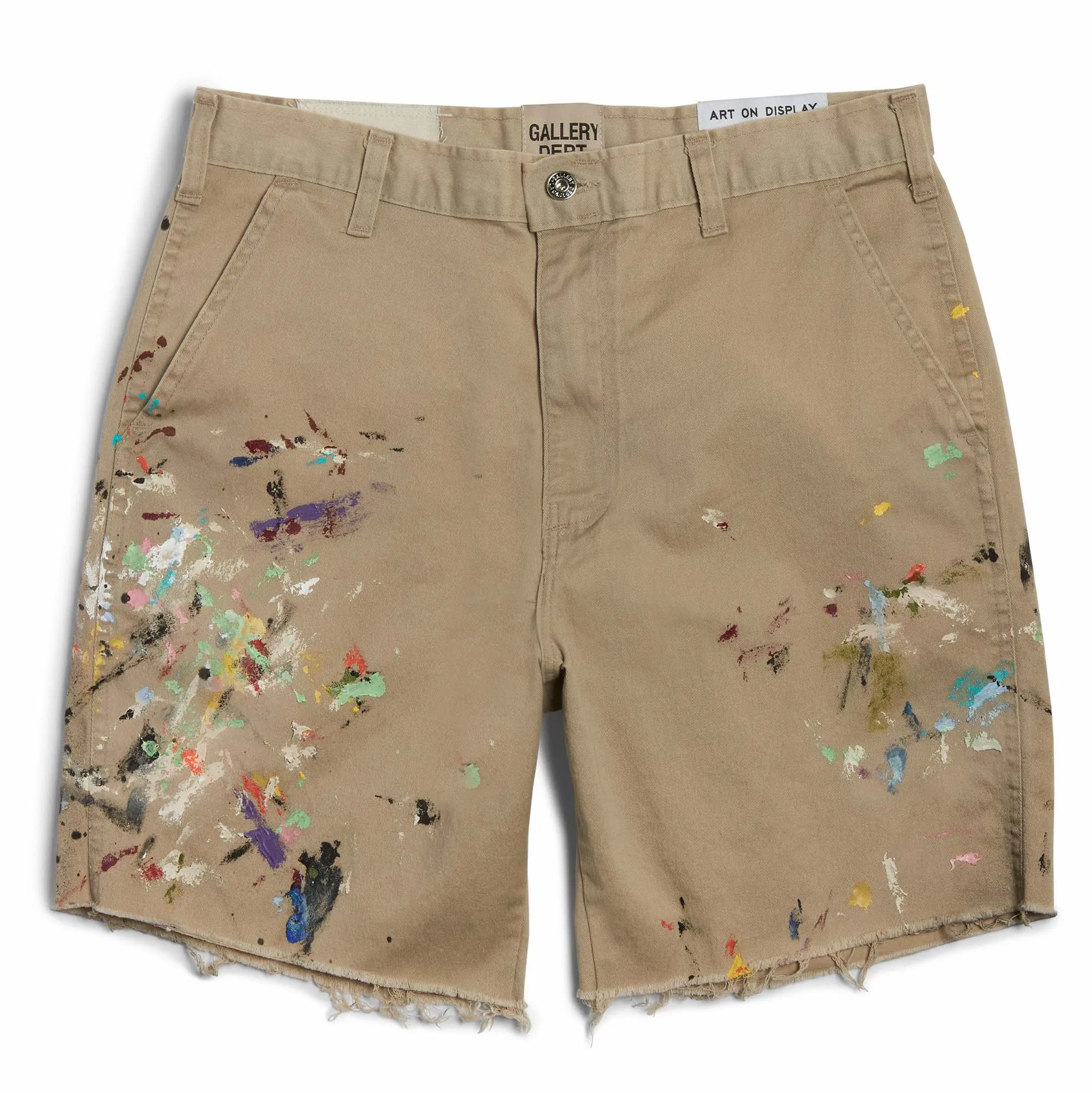GALLERY DEPT. RICKY SHORT/KHAKI Splash-ink knife-cut khaki work shorts, khaki color 30-32-34-36 code, re-adjusted version, re-washed to make old VINTAGE, hand-made acrylic splash-ink graffiti, genuine cowhide steel stamped LOGO leather tag, original version with LOGO buttons